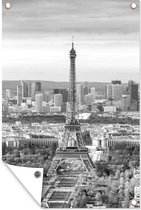 Tuindecoratie Luchtfoto van de Eiffeltoren in Parijs - zwart wit - 40x60 cm - Tuinposter - Tuindoek - Buitenposter