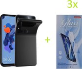 Huawei P20 Lite 2019 / Huawei Nova 5i TPU Silicone rubberen hoesje + 3 Stuks Tempered screenprotector - zwart