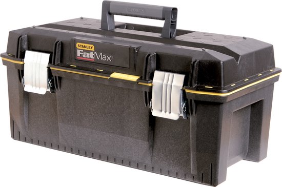 Zwarte gereedschapskoffer Stanley FatMax met grijze handgreep en geel accent.