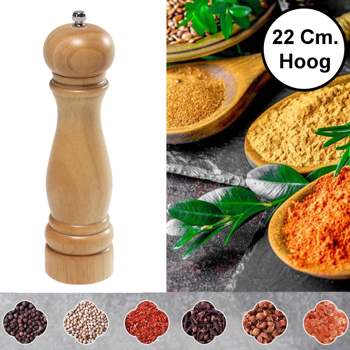 Pepermolen Rubberhout - Ø5.5 Hoogte: 22 Cm - Zoutmolen of kruidenmolen - Peper / Zout / Kruiden molen - Keramisch maalwerk - 22 Cm