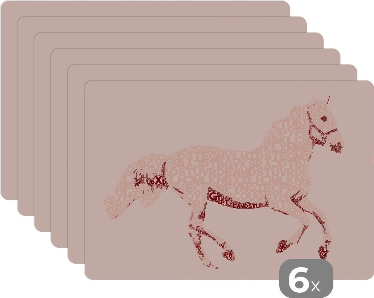 Placemat kinderen - Placemat - Placemats kunststof - Paard - Letters - Roze - Meisjes - Kinderen - Meiden - 45x30 cm - 6 stuks - Hittebestendig - Anti-Slip - Onderlegger - Afneembaar