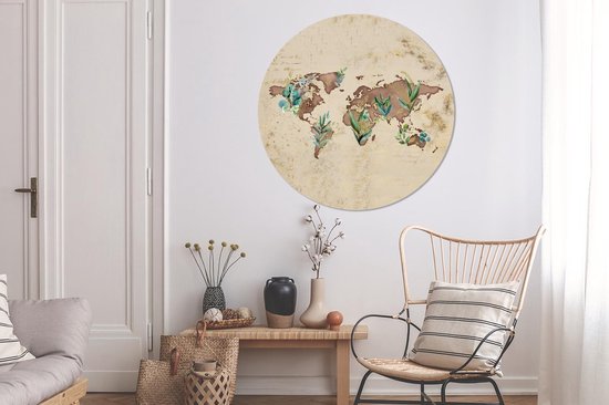 Wallpaper Circle - Carte du Wereldkaart - Marron - Vintage - ⌀ 120 cm - Wall Circle - Auto-adhésif - Round Wallpaper Sticker XXL