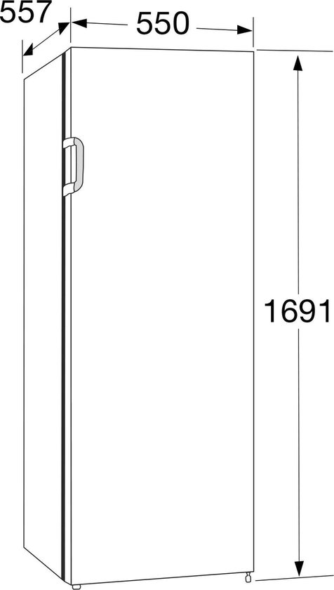 Schematische weergave van een witte vrijstaande vriezer met afmetingen 169,1 cm hoog, 55 cm breed en 55,7 cm diep.