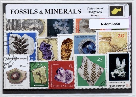 Foto: Fossielen en mineralen luxe postzegel pakket a6 formaat collectie van 50 verschillende postzegels van fossielen en mineralen kan als ansichtkaart in een a6 envelop authentiek cadeau kado geschenk kaart archeologie mineraal