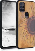 kwmobile telefoonhoesje compatibel met OnePlus Nord N10 5G - Hoesje met bumper in geel / donkerbruin / lichtbruin - kersenhout - Wood Sunflower design