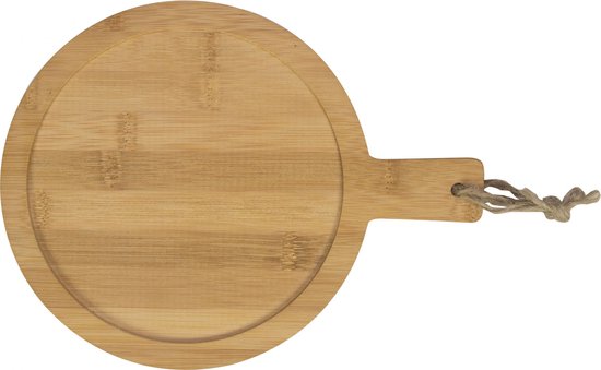 Ronde bamboe serveerplank met handvat en touwlus, 20cm.