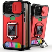 Sliding Camera Cover Design PC + TPU schokbestendig hoesje met ringhouder en kaartsleuf voor iPhone 13 (rood)