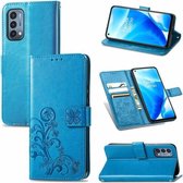 Voor OnePlus Nord N200 5G Vierbladige sluiting Reliëfgesp Mobiele telefoonbescherming lederen tas met lanyard & kaartsleuf & portemonnee & beugelfunctie (blauw)