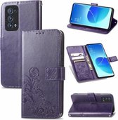 Voor OPPO Reno6 Pro+ Vier-blad Sluiting Reliëf Gesp Mobiele Telefoon Bescherming Lederen Case met Lanyard & Card Slot & Portemonnee & Beugel Functie (Paars)