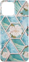 Shop4 - iPhone 13 Pro Hoesje - Zachte Back Case TPU Siliconen Marmer Hexagoon met Bloemen Turquoise