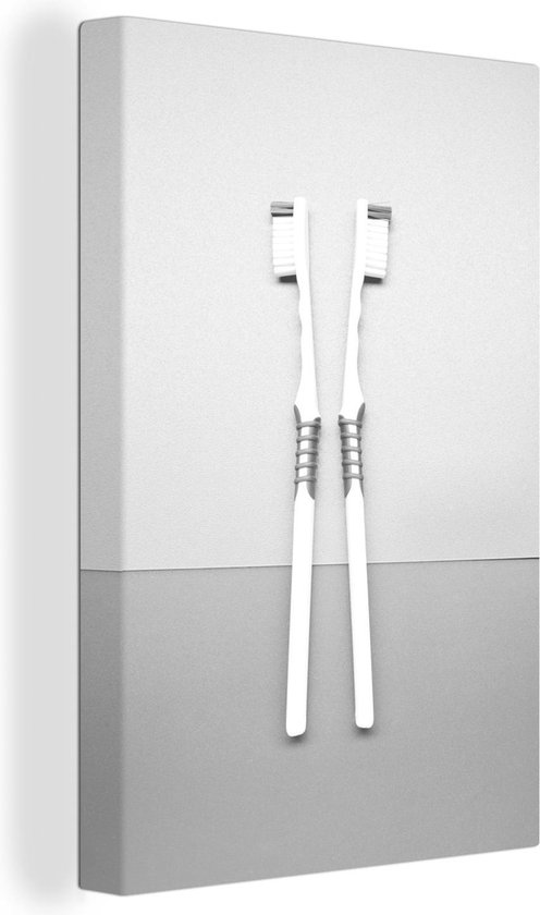 Canvas Schilderij Stilleven van twee tandenborstels - zwart wit - 20x30 cm - Wanddecoratie