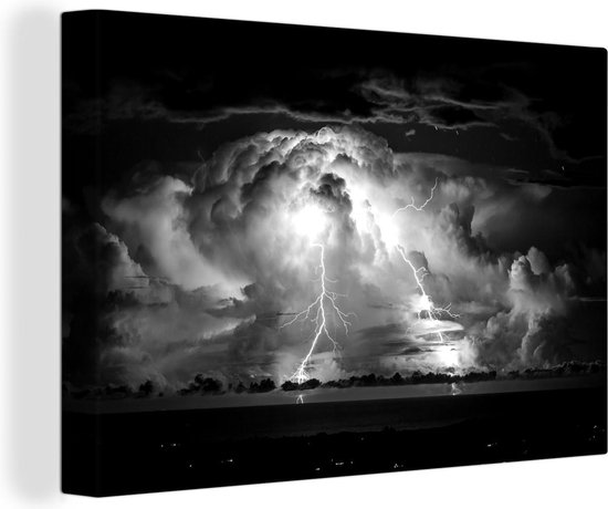 Canvas Schilderij Onweerswolken met bliksem - zwart wit - 60x40 cm - Wanddecoratie