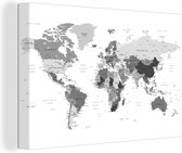Canvas Wereldkaart - 30x20 - Wanddecoratie Abstracte wereldkaart met grijstinten - zwart wit