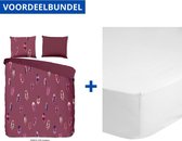 Luxe Dekbedovertrek Eenpersoons - 140x200/220cm - Inclusief 1 Kussensloop - 100% Zacht Polyester - Bordeaux Cos + Zachte Katoenen Hoeslaken - 80x200cm - Wit