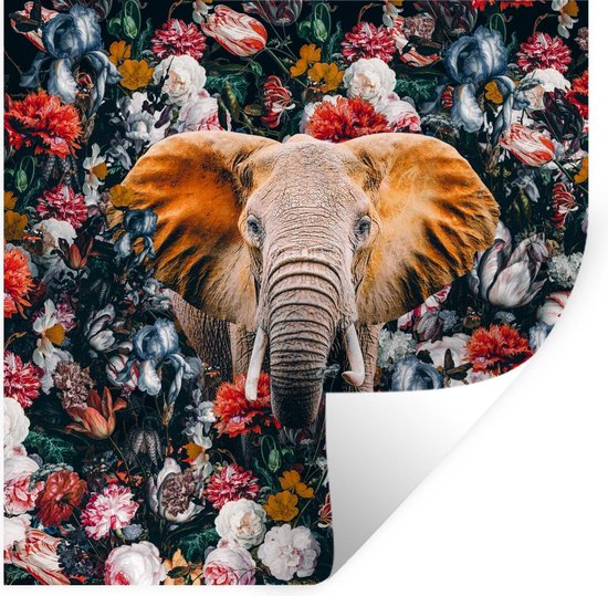 Muurstickers - Sticker Folie - Olifant - Bloemen - Kop - 120x120 cm - Plakfolie - Muurstickers Kinderkamer - Zelfklevend Behang XXL - Zelfklevend behangpapier - Stickerfolie