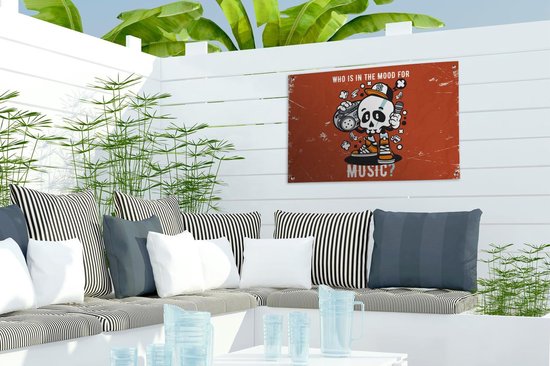 Tuinposter 60x40 cm - Tuindecoratie Vintage - Schedel - Muziek - Poster voor in de tuin - Buiten decoratie - Schutting tuinschilderij - Tuindoek muurdecoratie - Wanddecoratie balkondoek