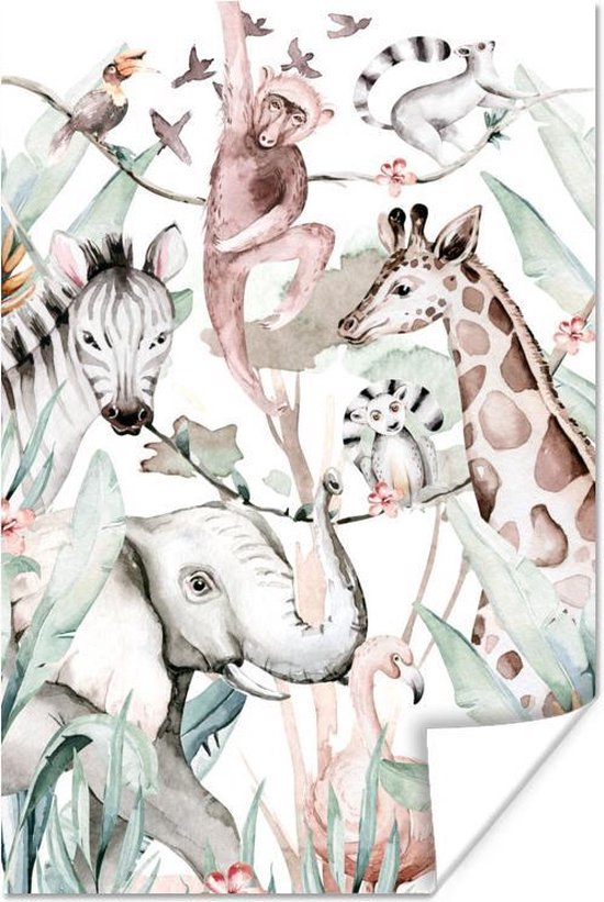 Poster Waterverf - Dieren - Jungle - Olifant - Jongens - Meisjes - Kinderen - Kids - 60x90 cm
