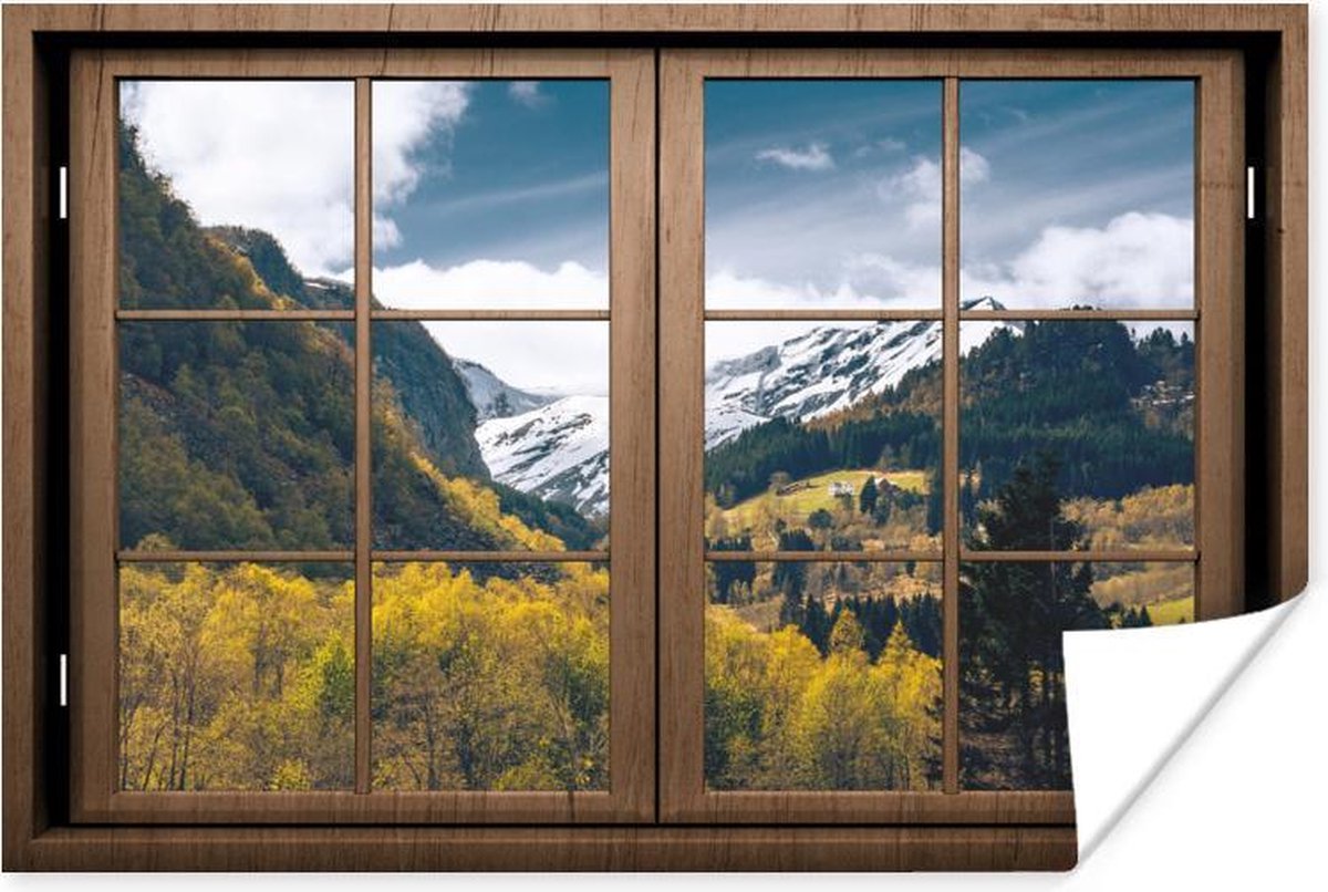 Poster Doorkijk - Sneeuw - Berg - 120x80 cm