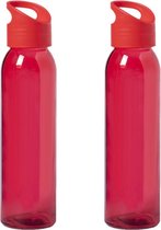 2x Stuks glazen waterfles/drinkfles rood transparant met schroefdop met handvat 470 ml - Sportfles - Bidon