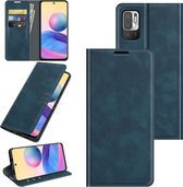 Voor Xiaomi Note 10 5G / Poco M3 Pro 5G Retro-skin Zakelijke magnetische zuignap lederen tas met houder en kaartsleuven en portemonnee (donkerblauw)