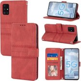 Voor Samsung Galaxy A71 Reliëf Gestreepte Magnetische Gesp PU + TPU Horizontale Flip Lederen Case met Houder & Kaartsleuf & Portemonnee & Fotolijst & Sling (Rood)