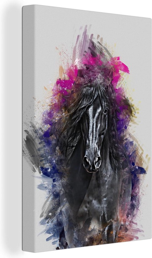 Canvas Schilderij Paard - Zwart - Kleuren - 80x120 cm - Wanddecoratie