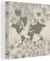 Canvas Wereldkaart - 90x90 - Wanddecoratie Wereldkaart - Grijs - Planten