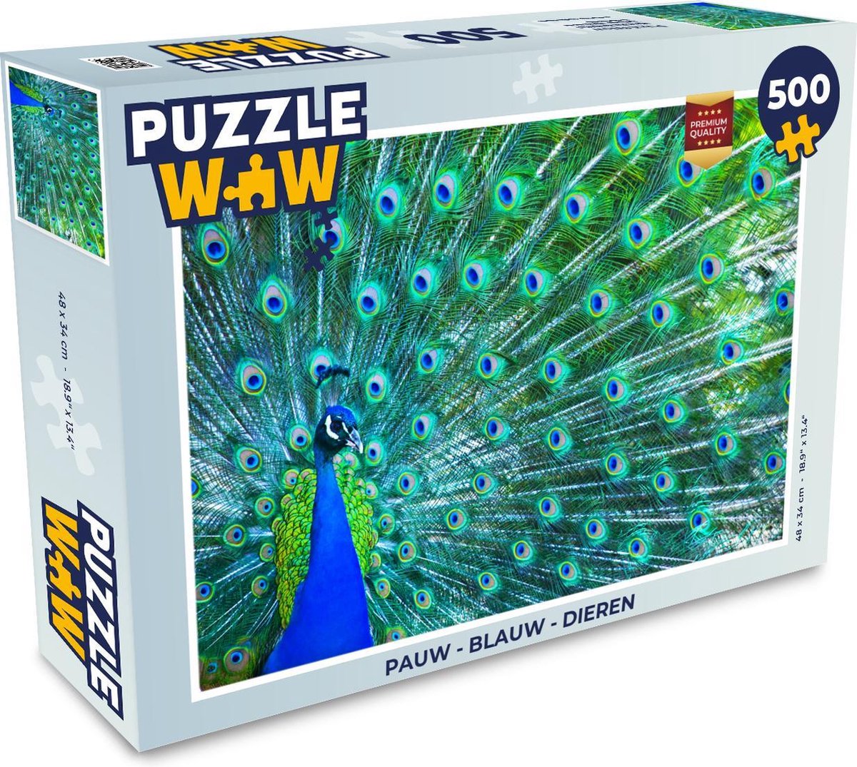 Afbeelding van product PuzzleWow  Puzzel Pauw - Blauw - Dieren - Legpuzzel - Puzzel 500 stukjes