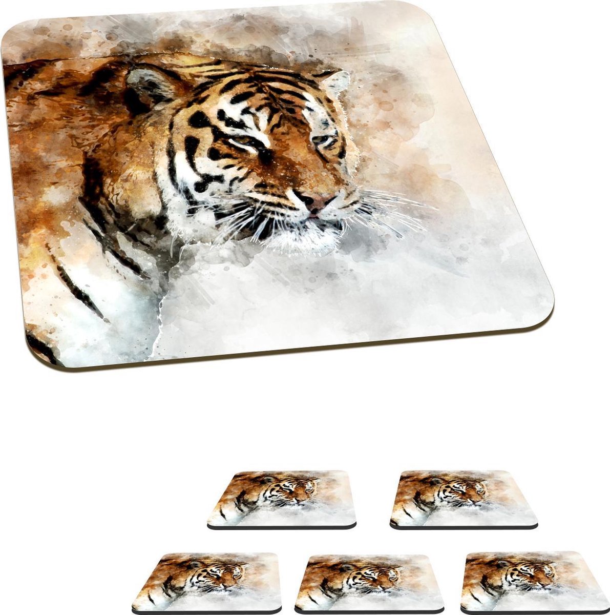 Onderzetters voor glazen - Tijger - Schilderij - Wit - 10x10 cm - Glasonderzetters - 6 stuks
