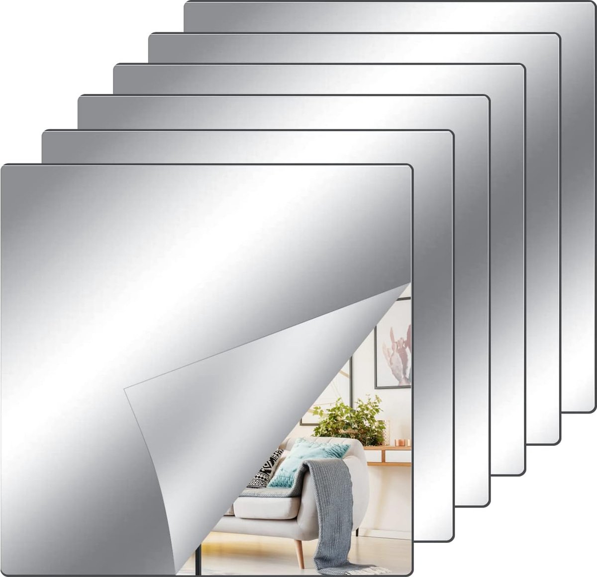 6 stuks zelfklevende spiegelfolie voor meubels, slaapkamer, wanddecoratie, 25 x 25 x 0,2 cm