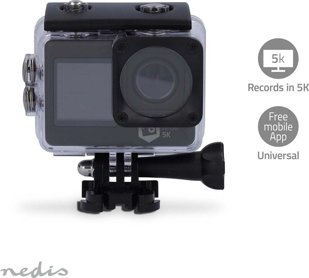 Nedis Action Cam - Dubbel scherm - 5K@30fps - 16 MPixel - Waterbestendig tot: 30.0 m - 80 min - Wi-Fi - App beschikbaar voor: Android / IOS - Mounts inbegrepen - Zwart