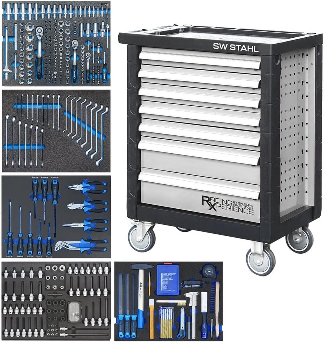 SW-Stahl Z3705 werkplaatswagen assortiment I zilver I uitgerust 347 delig I werkplaatswagen gereedschapswagen gevuld I gereedschapskast geperforeerde wand I gereedschapset I wagen metaal werkplaats I gereedschappen automotive
