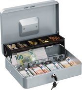 Relaxdays geldkistje met slot - metaal - geldkluis - geldcassette - 2 sleutels - vakken - zilver