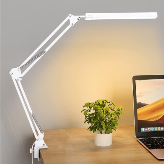 LED Bureaulamp met Klem - Oogbeschermende LED Lamp - Multi-hoek Verstelbare Werklamp - 3 Lichtstanden X 10 Helderheidsniveaus - Bedlamp -Wit