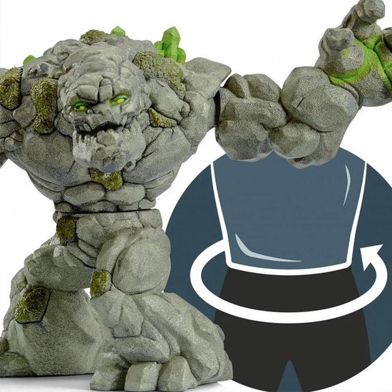 Gedetailleerde steenmonster actiefiguur met groene kristallen en een draaiende cirkel met een hand die een hendel vastpakt.