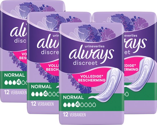 Verpakking met vier pakken Always Discreet Normal verbanden, elk met 12 stuks.