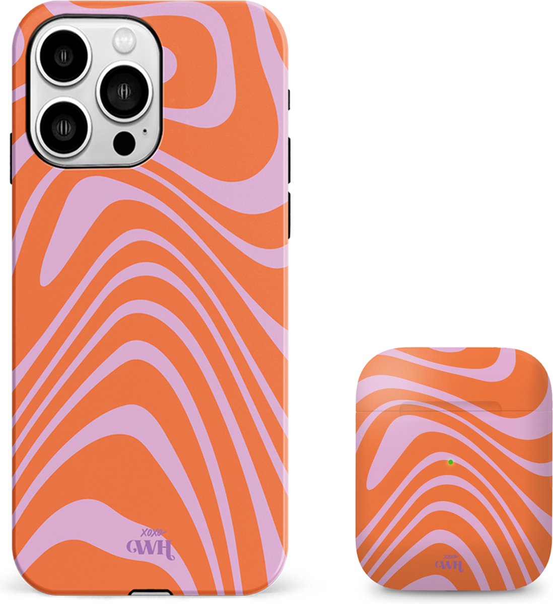 xoxo Wildhearts siliconen hoesje + AirPods 1/2 hoesje - Geschikt voor iPhone 14 Pro Max en AirPods 1 en 2 - Boogie Wonderland Orange - Double Layer telefoonhoesje - Oranje - Roze - Hoesje met print