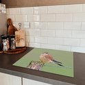 Een torenvalk zit op een houten paaltje met prikkeldraad op een keuken aanrecht.