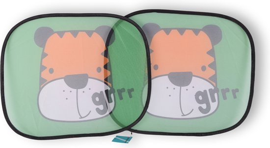 Set van 2 Auto Zonneschermen voor Kinderen - Polyester - Groen/Oranje/Wit - 44x38cm - Universeel - Tijger Ontwerp | Inclusief 4 Zuignappen