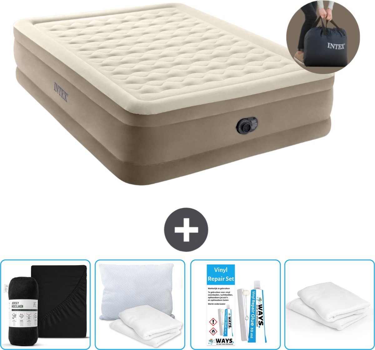 Intex Luchtbed - 2-Persoons - 152 x 203 x 46 cm - Beige - Inclusief pomp - Hoeslaken - Kussen - Reparatieset en Kussenbeschermer