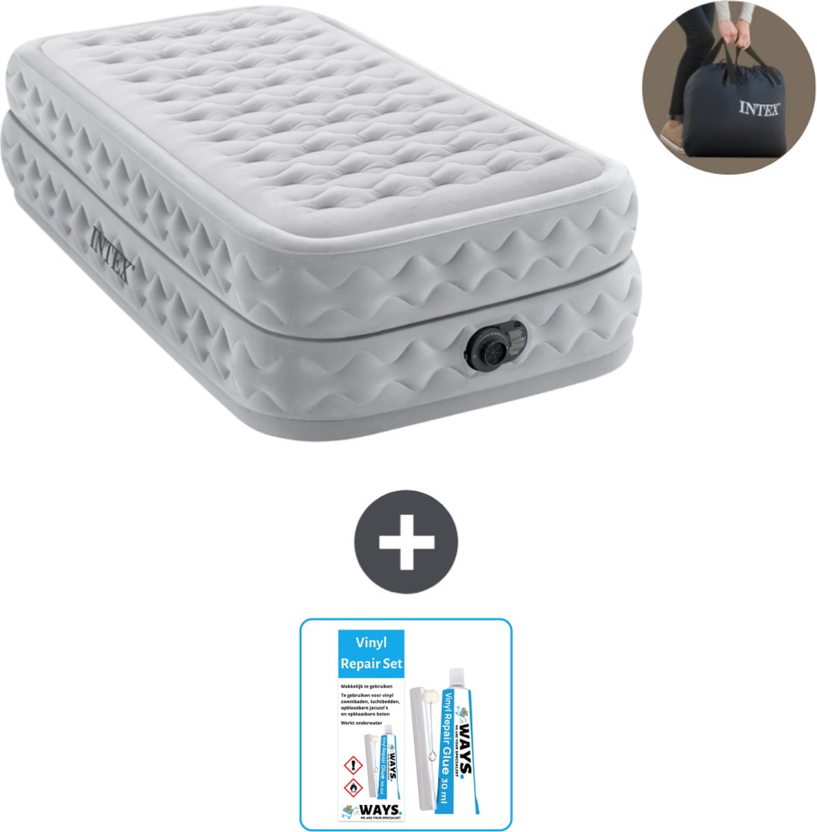 Intex Luchtbed - 1-Persoons - 99 x 191 x 51 cm - Grijs - Inclusief pomp - Reparatieset