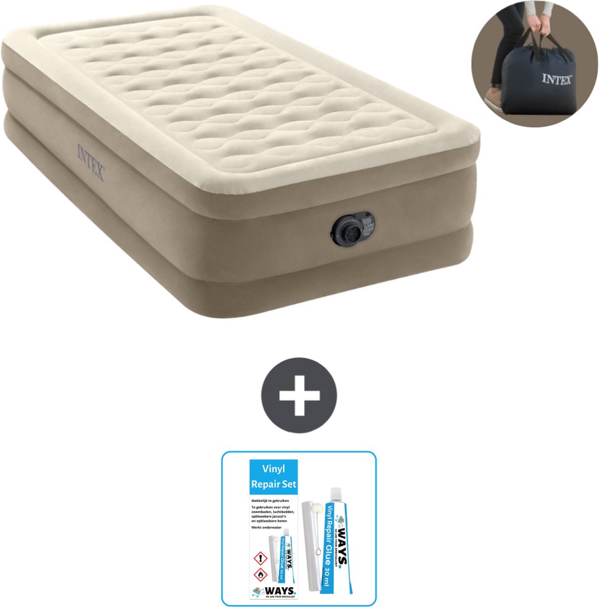 Intex Luchtbed - 1-Persoons - 99 x 191 x 46 cm - Beige - Inclusief pomp - Reparatieset