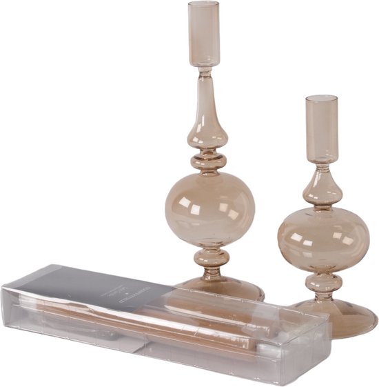 WinQ! - Kleurige Glaskandelaar Amber 8,5x18cm en 25cm- incl. led kaarsen -Kaarsenhouder glas– Decoratie woonkamer – ook geschikt voor Dinerkaarsen