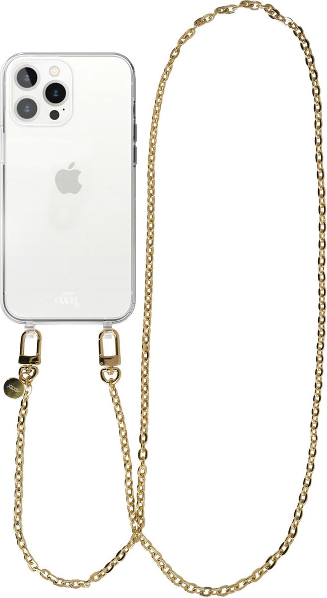 xoxo Wildhearts siliconen hoesje - Geschikt voor iPhone 14 Pro Max - Dreamy - Telefoonhoesje - Hoesje met koord - Gouden ketting - lang telefoonkoord - Transparant hoesje (lange variant)