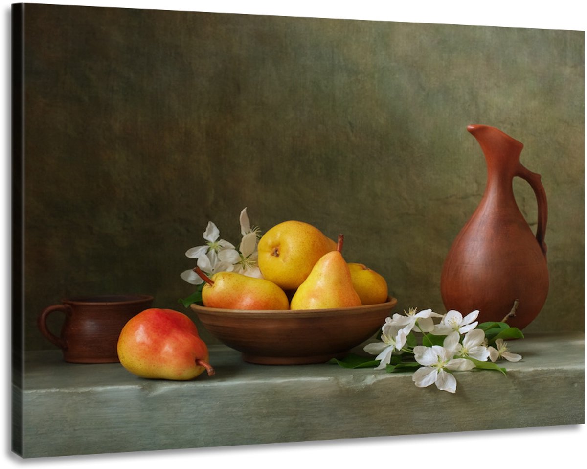 karo-art Schilderij -Stilleven met Perzik en Pruim. 100x70cm. Wanddecoratie, premium print Multikleur