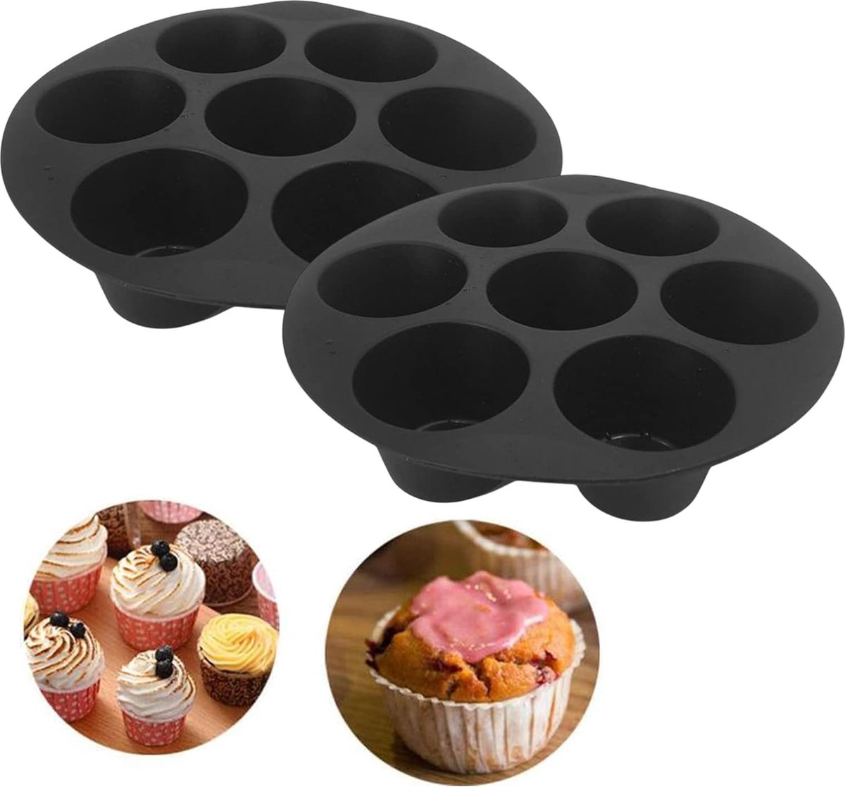 2 stuks anti-aanbak siliconen muffinvorm siliconen muffinpan anti-aanbaklaag muffins bakvorm voor cake air fryer oven voor cupcakes brownies, taarten pudding (17,2 cm, zwart)