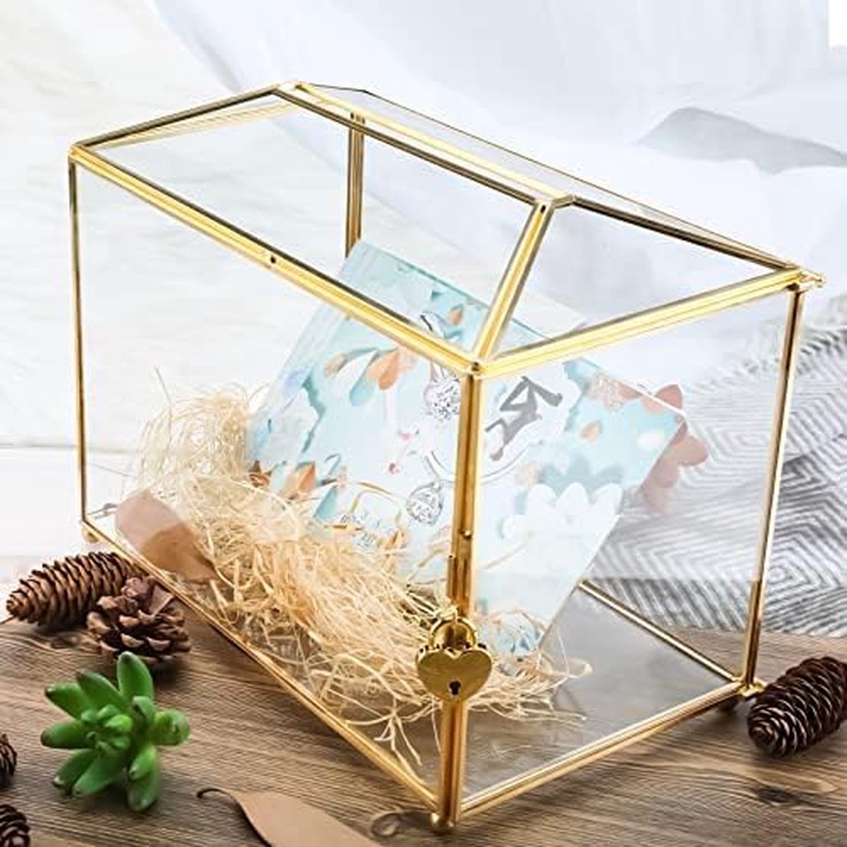 Giadun Grande boîte à cartes de mariage en verre transparent avec fente - 25,9 cm - En laiton doré - Avec serrure - Pour réceptions de mariage, fête prénatale, fête d'anniversaire
