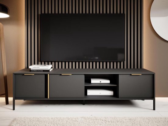 Tv-meubel met 3 deuren en 2 vakken - Antraciet en goudkleurig - PAVELI L 202.9 cm x H 53.4 cm x D 39.5 cm