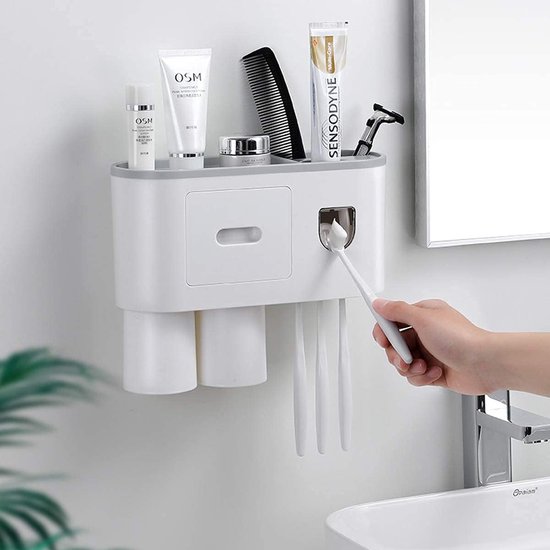 iHave Tandenborstelhouder met Tandpasta Dispenser en 4 Bekers – Klassiek Wit Design voor Badkamerdecoratie, All-in-One Badkamerorganizer & Opbergoplossing voor Tandenborstels en Accessoires