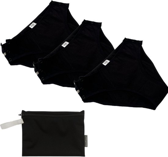 Cheeky Wipes Menstruatie ondergoed - Feeling Easy + Wetbag - Set van 3 - Short - Zwart - Drukknopjes